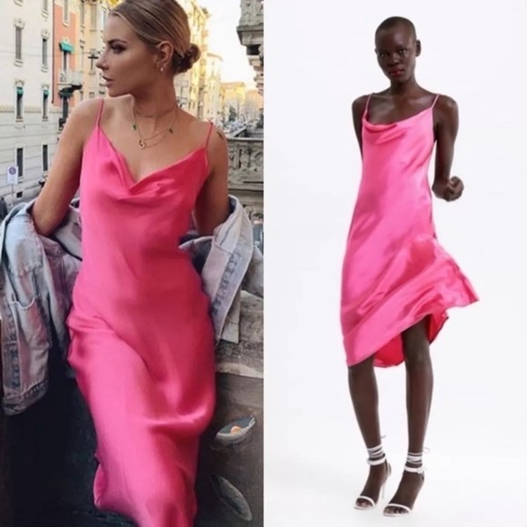 Zara hot pink satin midi slip dress with cowl neck and spaghetti straps - Picture 3 of 13
